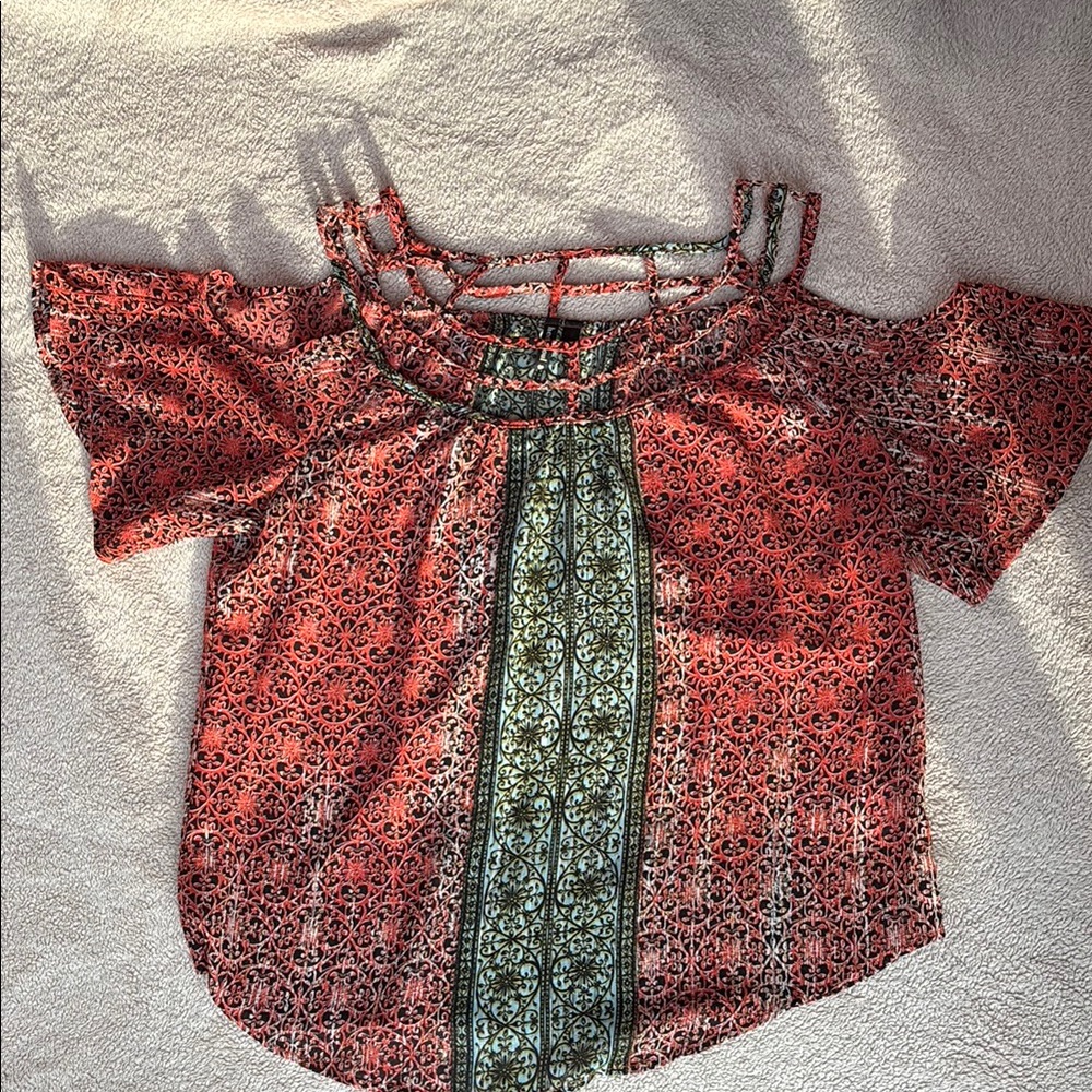 Women's Coral and Green cold, shoulder lace neck, summer blouse